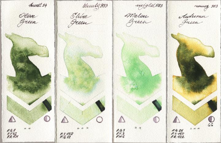 Kuretake Gansai Tambi 054 Olive Green vs Shminke Horadam Aquarell 933 Shire Green vs Mijello Mission Gold 593 Melon Green vs Roman Szmal Aquarius 363 Autumn Green watercolor swatch