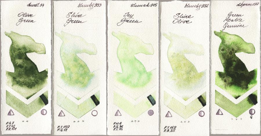 Kuretake Gansai Tambi 054 Olive Green vs Shminke Horadam Aquarell 933 Shire Green vs Shminke Akademie Aquarell 915 Icy Green vs 932 Shire Olive vs Daniel Smith 197 Green Apatite Genuine watercolor swatch