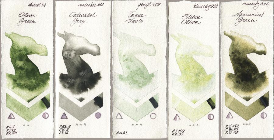 Kuretake Gansai Tambi 054 Olive Green vs Winsor & Newton Professional 428 Ostwald Grey vs Golden QOR 405 Terre Verte vs Shminke Horadam Aquarell 932 Shire Olive vs Roman Szmal Aquarius 346 Aquarius Green watercolor swatch