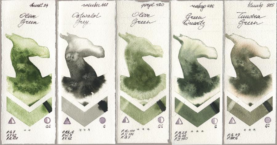 Kuretake Gansai Tambi 054 Olive Green, Winsor & Newton Professional 428 Ostwald Grey, Golden QOR 420 Olive Green, Rosa Gallery 786 Green Quartz, Shminke Horadam Aquarell 985 Tundra Gre watercolor swatch