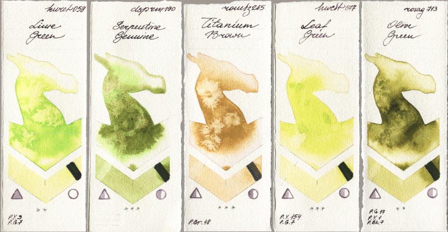 Kuretake Gansai Tambi 059 Lime Green vs Daniel Smith 190 Serpentine Genuine vs Roman Szmal Aquarius 265 Titanium Brown vs Holbein Artists Watercolor 077 Leaf Green vs Rosa Gallery 713 Olive Green watercolor swatch