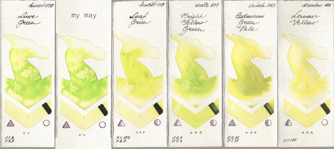 Kuretake Gansai Tambi 059 Lime Green, my 044 my may, Holbein Artists Watercolor 077 Leaf Green, Sennelier l Aquarelle 871 Bright Yellow Green, Shinhan PWC 563 Cadmium Green Pale, Daniel Smith 165 Lemon Yell watercolor swatch