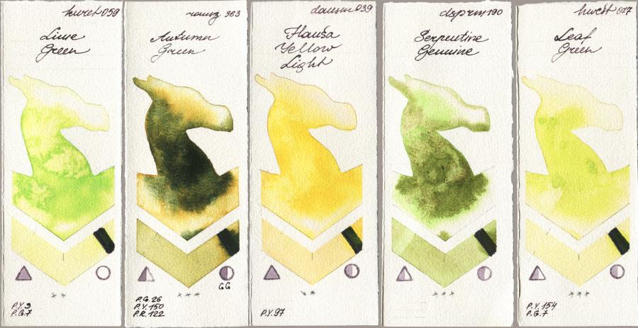 Kuretake Gansai Tambi 059 Lime Green vs Roman Szmal Aquarius 363 Autumn Green vs Daniel Smith 039 Hansa Yellow Light vs 190 Serpentine Genuine vs Holbein Artists Watercolor 077 Leaf Green watercolor swatch