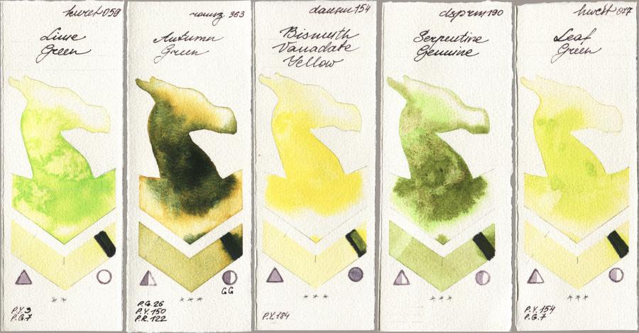 Kuretake Gansai Tambi 059 Lime Green vs Roman Szmal Aquarius 363 Autumn Green vs Daniel Smith 154 Bismuth Vanadate Yellow vs 190 Serpentine Genuine vs Holbein Artists Watercolor 077 Leaf Green watercolor swatch