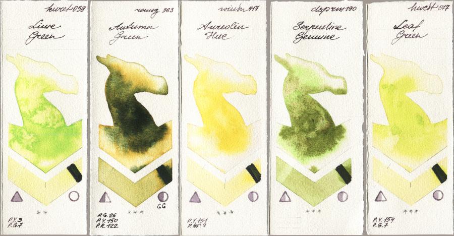 Kuretake Gansai Tambi 059 Lime Green vs Roman Szmal Aquarius 363 Autumn Green vs Winsor & Newton Professional 417 Aureolin Hue vs Daniel Smith 190 Serpentine Genuine vs Holbein Artists Watercolor 077 Leaf Green watercolor swatch