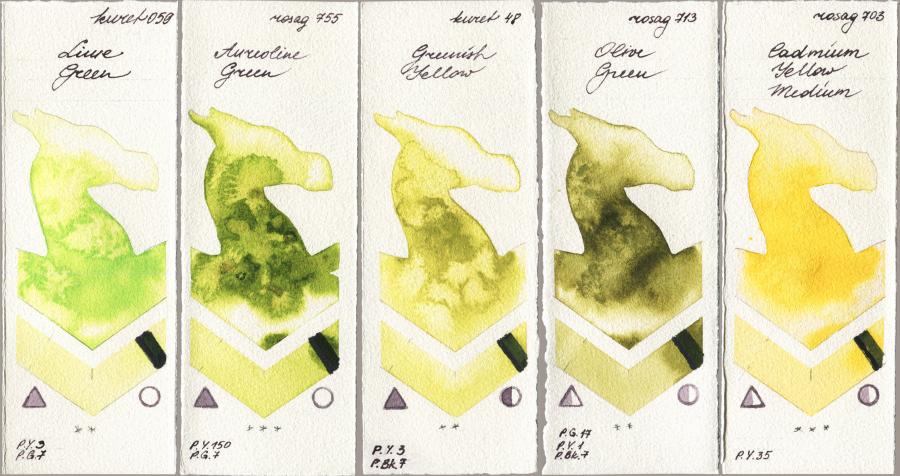 Kuretake Gansai Tambi 059 Lime Green vs Rosa Gallery 755 Aureoline Green vs 048 Greenish Yellow vs 713 Olive Green vs 703 Cadmium Yellow Medium watercolor swatch