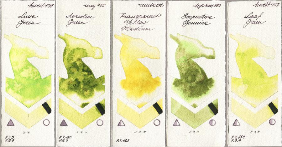 Kuretake Gansai Tambi 059 Lime Green vs Rosa Gallery 755 Aureoline Green vs Royal Talens Rembrandt Watercolour 272 Transparent Yellow Medium vs Daniel Smith 190 Serpentine Genuine vs Holbein Artists Watercolor 077 Leaf Green watercolor swatch