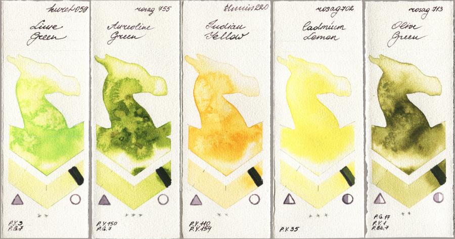 Kuretake Gansai Tambi 059 Lime Green vs Rosa Gallery 755 Aureoline Green vs Shminke Horadam Aquarell 220 Indian Yellow vs 702 Cadmium Lemon vs 713 Olive Green watercolor swatch