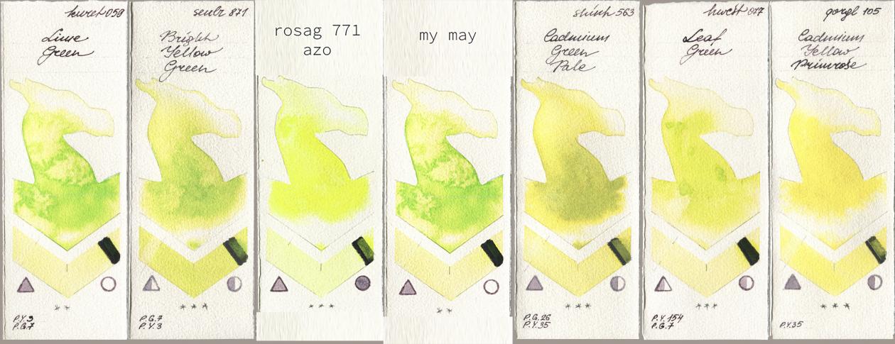 Kuretake Gansai Tambi 059 Lime Green, Sennelier l Aquarelle 871 Bright Yellow Green, my 771 my rosa azo, 044 my may, Shinhan PWC 563 Cadmium Green Pale, Holbein Artists Watercolor 077 Leaf Green, Golden QOR 105 Cadmium Yellow Primro watercolor swatch