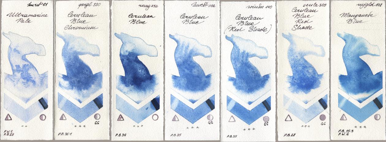Kuretake Gansai Tambi 061 Ultramarine Pale, Golden QOR 330 Cerulean Blue, Chromium, Rosa Gallery 752 Cerulean Blue, Holbein Artists Watercolor 092 Cerulean Blue, Winsor & Newton Professional 140 Cerulean Blue (Red Shade), Sennelier l Aquarelle 305 Cerulean Blue Red Shade, Mijello Mission Gold 548 Manganese Bl watercolor swatch
