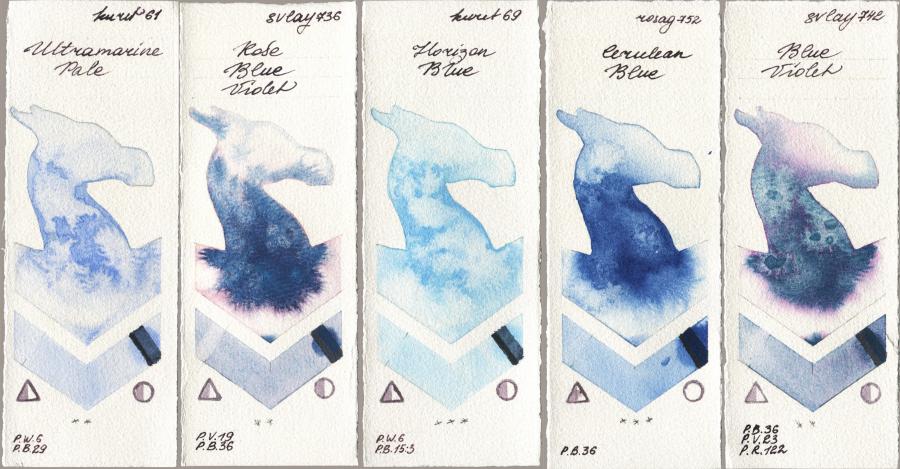 Kuretake Gansai Tambi 061 Ultramatire Pale vs SuperVision 736 Rose Blue Violet vs 069 Horizon Blue vs Rosa Gallery 752 Cerulean Blue vs 742 Blue Violet watercolor swatch