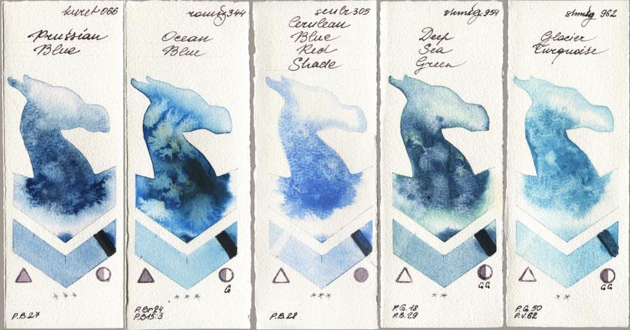 Kuretake Gansai Tambi 066 Prussian Blue vs Roman Szmal Aquarius 344 Ocean Blue vs Sennelier l Aquarelle 305 Cerulean Blue Red Shade vs Shminke Horadam Aquarell 954 Deep Sea Green vs 962 Glacier Turquoise watercolor swatch
