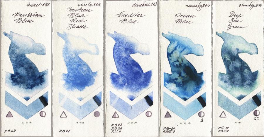 Kuretake Gansai Tambi 066 Prussian Blue vs Sennelier l Aquarelle 305 Cerulean Blue Red Shade vs Daniel Smith 173 Verditer Blue vs Roman Szmal Aquarius 344 Ocean Blue vs Shminke Horadam Aquarell 954 Deep Sea Green watercolor swatch