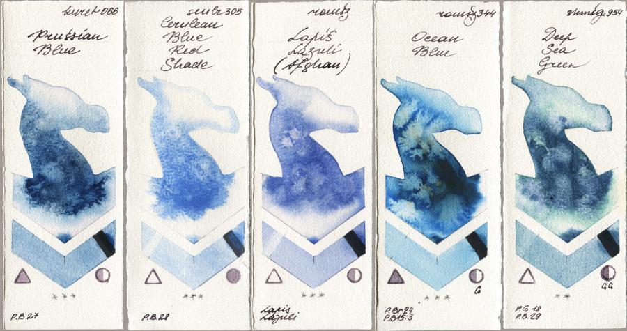 Kuretake Gansai Tambi 066 Prussian Blue vs Sennelier l Aquarelle 305 Cerulean Blue Red Shade vs Roman Szmal Aquarius 999 Lapis Lazuli Afghan vs 344 Ocean Blue vs Shminke Horadam Aquarell 954 Deep Sea Green watercolor swatch