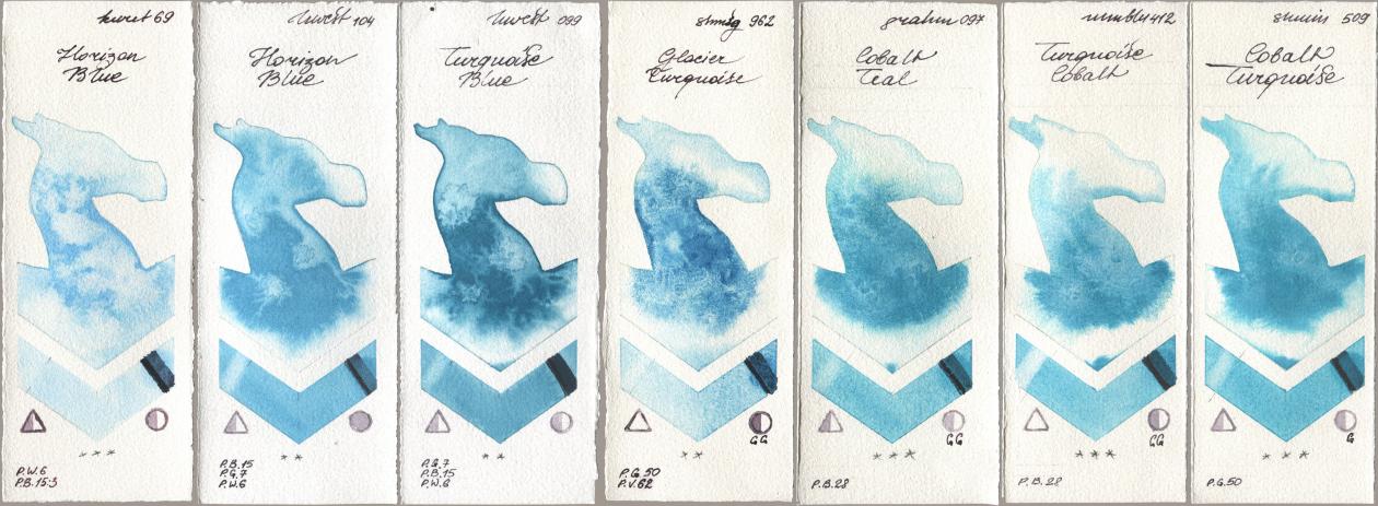 Kuretake Gansai Tambi 069 Horizon Blue, Holbein Artists Watercolor 104 Horizon Blue, 099 Turquoise Blue, Shminke Horadam Aquarell 962 Glacier Turquoise, M. Graham & Co. Artists 097 Cobalt Teal, Maimeri Blu 412 Turquoise Cobalt, 509 Cobalt Turquoi watercolor swatch