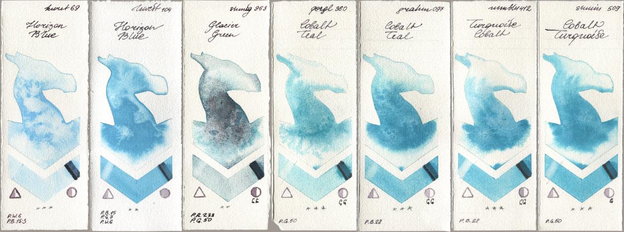 Kuretake Gansai Tambi 069 Horizon Blue, Holbein Artists Watercolor 104 Horizon Blue, Shminke Horadam Aquarell 963 Glacier Green, Golden QOR 360 Cobalt Teal, M. Graham & Co. Artists 097 Cobalt Teal, Maimeri Blu 412 Turquoise Cobalt, 509 Cobalt Turquoi watercolor swatch