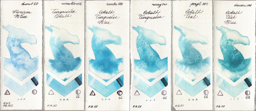 Kuretake Gansai Tambi 069 Horizon Blue, Maimeri Blu 412 Turquoise Cobalt, Royal Talens Rembrandt Watercolour 586 Cobalt Turquoise Blue, Rosa Gallery 741 Cobalt Turquoise, Golden QOR 360 Cobalt Teal, Daniel Smith 028 Cobalt Teal Bl watercolor swatch