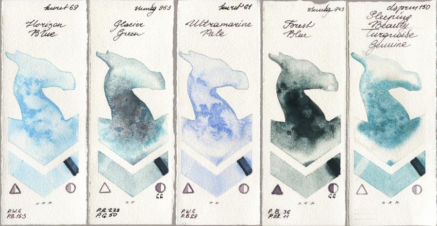 Kuretake Gansai Tambi 069 Horizon Blue vs Shminke Horadam Aquarell 963 Glacier Green vs 061 Ultramatire Pale vs 943 Forest Blue vs Daniel Smith 150 Sleeping Beauty Turquoise Genuine watercolor swatch