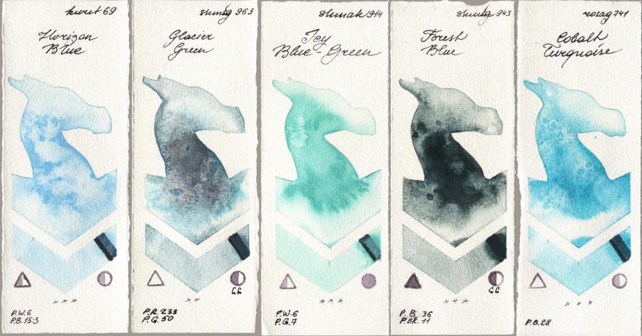 Kuretake Gansai Tambi 069 Horizon Blue vs Shminke Horadam Aquarell 963 Glacier Green vs Shminke Akademie Aquarell 914 Icy Blue-Green vs 943 Forest Blue vs Rosa Gallery 741 Cobalt Turquoise watercolor swatch
