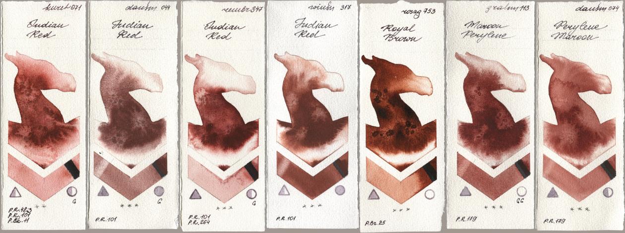 Kuretake Gansai Tambi 071 Indian Red, Daniel Smith 044 Indian Red, Royal Talens Rembrandt Watercolour 347 Indian Red, Winsor & Newton Professional 317 Indian Red, Rosa Gallery 753 Royal Brown, M. Graham & Co. Artists 113 Maroon Perylene, 074 Perylene Maro watercolor swatch