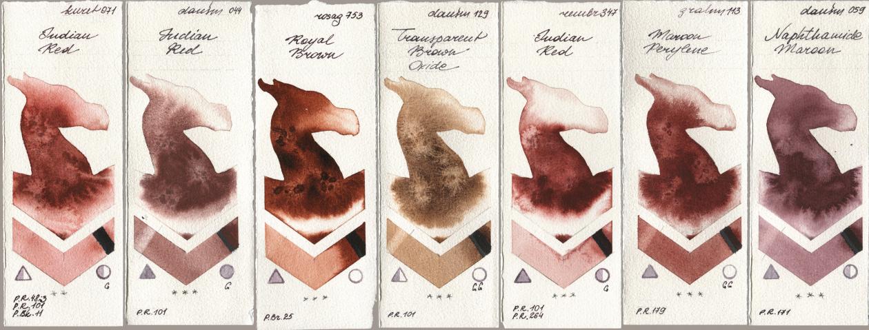 Kuretake Gansai Tambi 071 Indian Red, Daniel Smith 044 Indian Red, Rosa Gallery 753 Royal Brown, 129 Transparent Brown Oxide, Royal Talens Rembrandt Watercolour 347 Indian Red, M. Graham & Co. Artists 113 Maroon Perylene, 059 Naphthamide Maro watercolor swatch