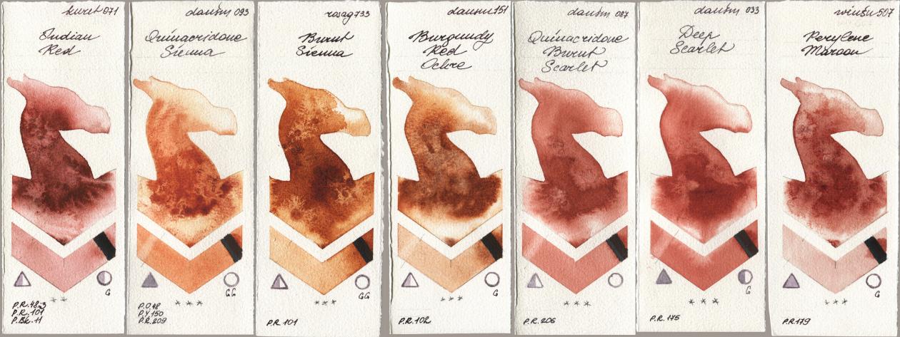 Kuretake Gansai Tambi 071 Indian Red, Daniel Smith 093 Quinacridone Sienna, Rosa Gallery 733 Burnt Sienna, 151 Burgundy Red Ochre, 087 Quinacridone Burnt Scarlet, 033 Deep Scarlet, Winsor & Newton Professional 507 Perylene Maro watercolor swatch