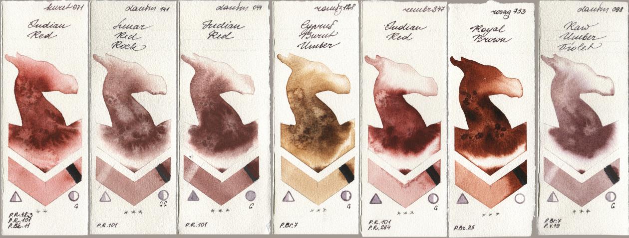 Kuretake Gansai Tambi 071 Indian Red, Daniel Smith 141 Lunar Red Rock, 044 Indian Red, Roman Szmal Aquarius 128 Cyprus Burnt Umber, Royal Talens Rembrandt Watercolour 347 Indian Red, Rosa Gallery 753 Royal Brown, 098 Raw Umber Viol watercolor swatch