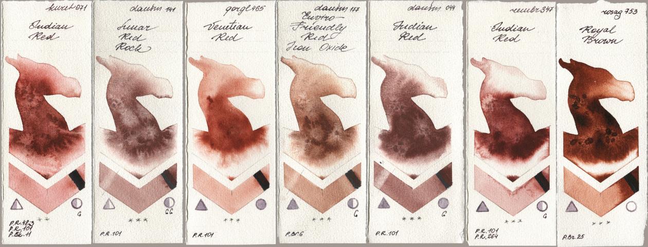 Kuretake Gansai Tambi 071 Indian Red, Daniel Smith 141 Lunar Red Rock, Golden QOR 465 Venetian Red, 177 Enviro-Friendly Red Iron Oxide, 044 Indian Red, Royal Talens Rembrandt Watercolour 347 Indian Red, Rosa Gallery 753 Royal Bro watercolor swatch