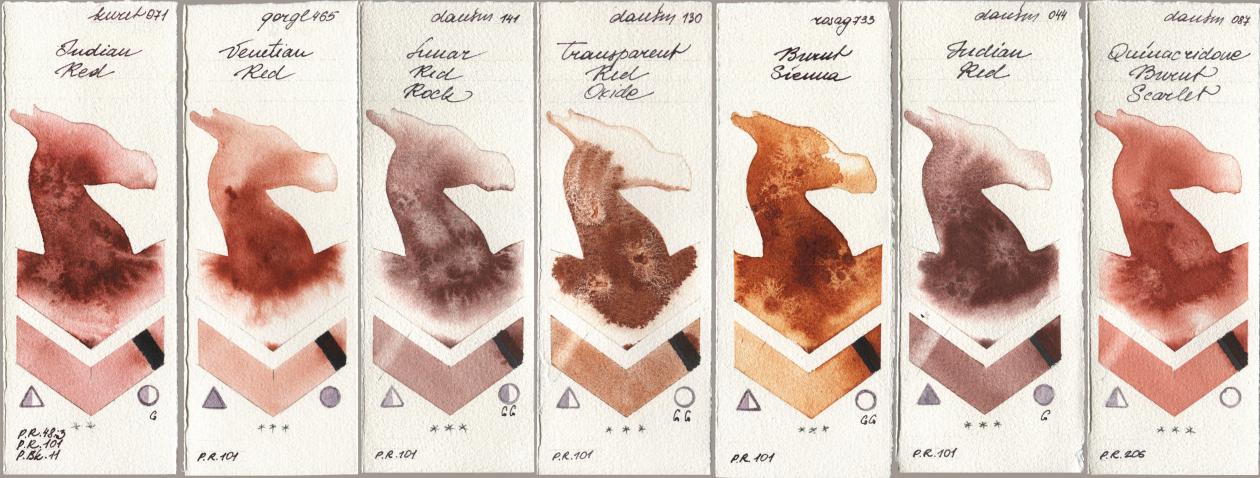 Kuretake Gansai Tambi 071 Indian Red, Golden QOR 465 Venetian Red, Daniel Smith 141 Lunar Red Rock, 130 Transparent Red Oxide, Rosa Gallery 733 Burnt Sienna, 044 Indian Red, 087 Quinacridone Burnt Scarl watercolor swatch