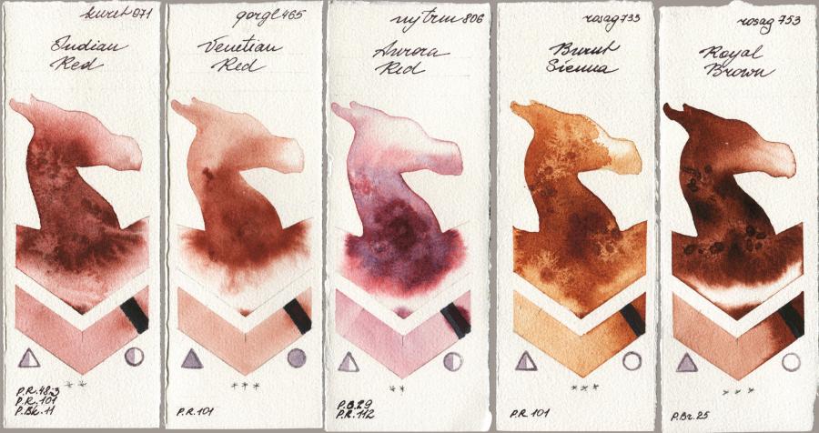 Kuretake Gansai Tambi 071 Indian Red vs Golden QOR 465 Venetian Red vs Mijello Mission Gold 806 Aurora Red vs Rosa Gallery 733 Burnt Sienna vs 753 Royal Brown watercolor swatch