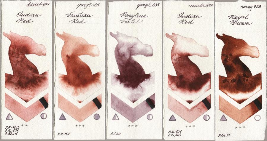 Kuretake Gansai Tambi 071 Indian Red vs Golden QOR 465 Venetian Red vs 635 Perylene Violet vs Royal Talens Rembrandt Watercolour 347 Indian Red vs Rosa Gallery 753 Royal Brown watercolor swatch