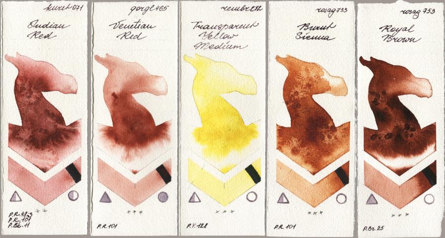 Kuretake Gansai Tambi 071 Indian Red vs Golden QOR 465 Venetian Red vs Royal Talens Rembrandt Watercolour 272 Transparent Yellow Medium vs Rosa Gallery 733 Burnt Sienna vs 753 Royal Brown watercolor swatch