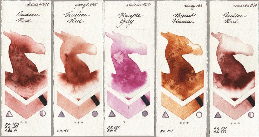 Kuretake Gansai Tambi 071 Indian Red vs Golden QOR 465 Venetian Red vs Shinhan PWC 650 Purple Grey vs Rosa Gallery 733 Burnt Sienna vs Royal Talens Rembrandt Watercolour 347 Indian Red watercolor swatch
