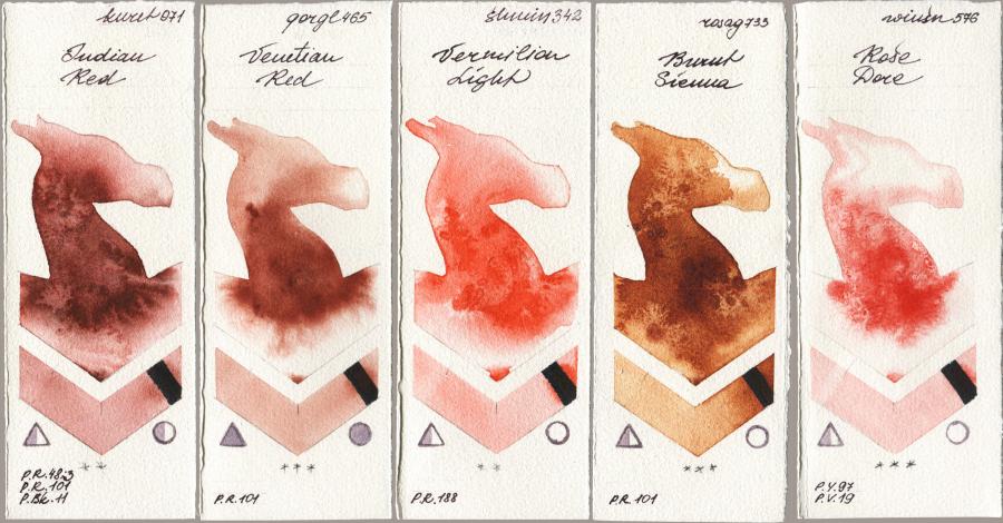 Kuretake Gansai Tambi 071 Indian Red vs Golden QOR 465 Venetian Red vs Shminke Horadam Aquarell 342 Vermilion Light vs Rosa Gallery 733 Burnt Sienna vs Winsor & Newton Professional 576 Rose Dore watercolor swatch