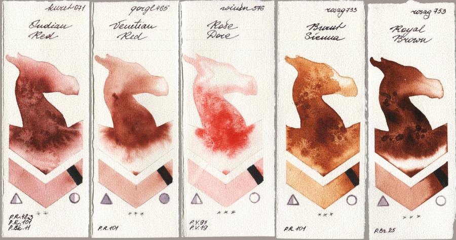 Kuretake Gansai Tambi 071 Indian Red vs Golden QOR 465 Venetian Red vs Winsor & Newton Professional 576 Rose Dore vs Rosa Gallery 733 Burnt Sienna vs 753 Royal Brown watercolor swatch