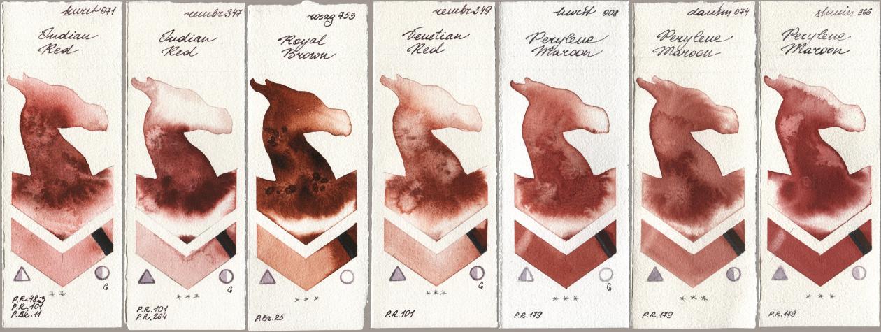 Kuretake Gansai Tambi 071 Indian Red, Royal Talens Rembrandt Watercolour 347 Indian Red, Rosa Gallery 753 Royal Brown, 349 Venerian Red, Holbein Artists Watercolor 008 Perylene Maroon, Daniel Smith 074 Perylene Maroon, Shminke Horadam Aquarell 366 Perylene Maro watercolor swatch
