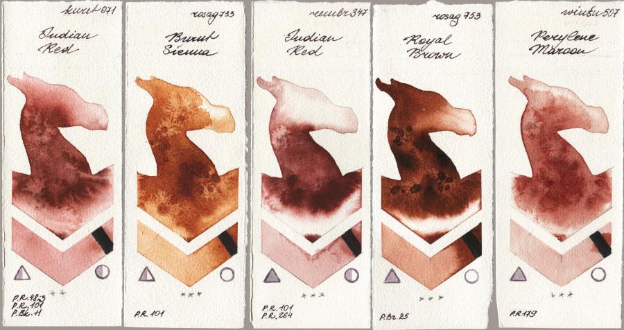 Kuretake Gansai Tambi 071 Indian Red vs Rosa Gallery 733 Burnt Sienna vs Royal Talens Rembrandt Watercolour 347 Indian Red vs 753 Royal Brown vs Winsor & Newton Professional 507 Perylene Maroon watercolor swatch