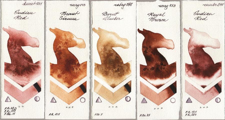 Kuretake Gansai Tambi 071 Indian Red vs Rosa Gallery 733 Burnt Sienna vs 746 Burnt Umber vs 753 Royal Brown vs Royal Talens Rembrandt Watercolour 347 Indian Red watercolor swatch