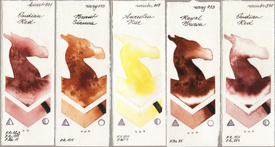Kuretake Gansai Tambi 071 Indian Red vs Rosa Gallery 733 Burnt Sienna vs Winsor & Newton Professional 417 Aureolin Hue vs 753 Royal Brown vs Royal Talens Rembrandt Watercolour 347 Indian Red watercolor swatch