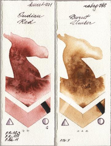 Kuretake Gansai Tambi 071 Indian Red, Rosa Gallery 746 Burnt Umb watercolor swatch