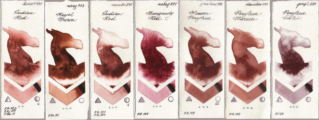 Kuretake Gansai Tambi 071 Indian Red, Rosa Gallery 753 Royal Brown, Royal Talens Rembrandt Watercolour 347 Indian Red, 781 Burgundy Red, M. Graham & Co. Artists 113 Maroon Perylene, Daniel Smith 074 Perylene Maroon, Golden QOR 635 Perylene Viol watercolor swatch