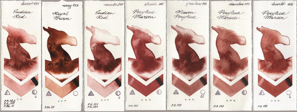 Kuretake Gansai Tambi 071 Indian Red, Rosa Gallery 753 Royal Brown, Royal Talens Rembrandt Watercolour 347 Indian Red, Shminke Horadam Aquarell 366 Perylene Maroon, M. Graham & Co. Artists 113 Maroon Perylene, Daniel Smith 074 Perylene Maroon, Holbein Artists Watercolor 008 Perylene Maro watercolor swatch