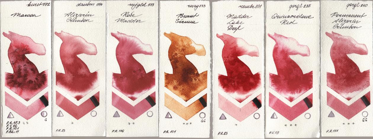 Kuretake Gansai Tambi 072 Maroon, Daniel Smith 004 Alizarin Crimson, Mijello Mission Gold 513 Rose Madder, Rosa Gallery 733 Burnt Sienna, Royal Talens Rembrandt Watercolour 331 Madder Lake Deep, Golden QOR 235 Quinacridone Red, 240 Permanent Alizarin Crims watercolor swatch