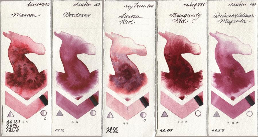 Kuretake Gansai Tambi 072 Maroon, Daniel Smith 008 Bordeaux, Mijello Mission Gold 806 Aurora Red, Rosa Gallery 781 Burgundy Red, 090 Quinacridone Magen watercolor swatch