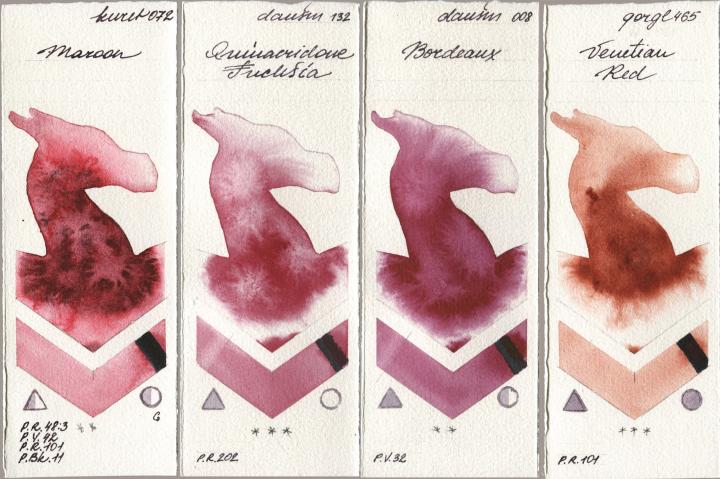 Kuretake Gansai Tambi 072 Maroon, Daniel Smith 132 Quinacridone Fuchsia, 008 Bordeaux, Golden QOR 465 Venetian R watercolor swatch