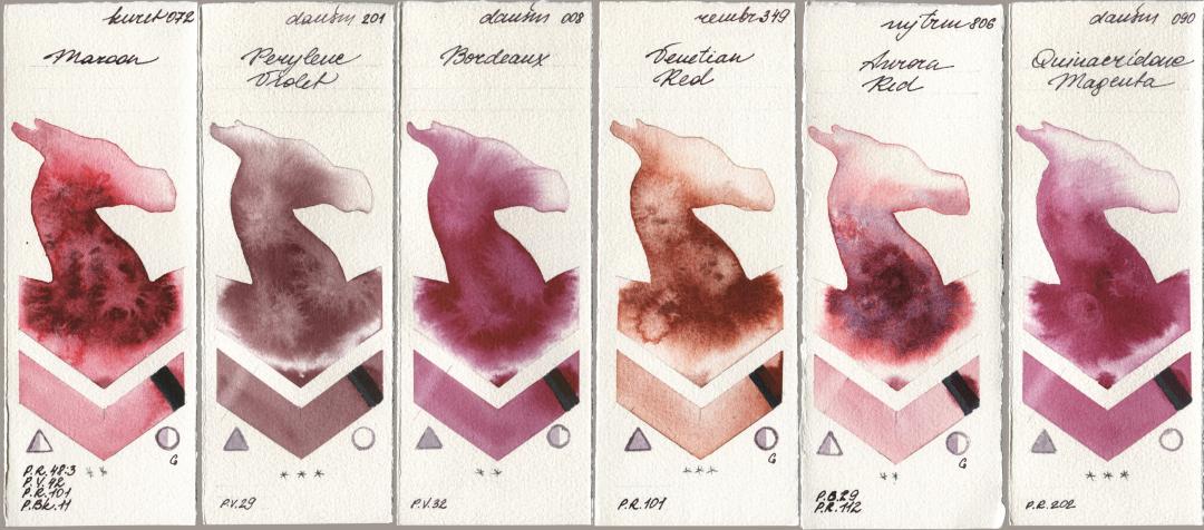 Kuretake Gansai Tambi 072 Maroon, Daniel Smith 201 Perylene Violet, 008 Bordeaux, Royal Talens Rembrandt Watercolour 349 Venerian Red, Mijello Mission Gold 806 Aurora Red, 090 Quinacridone Magen watercolor swatch