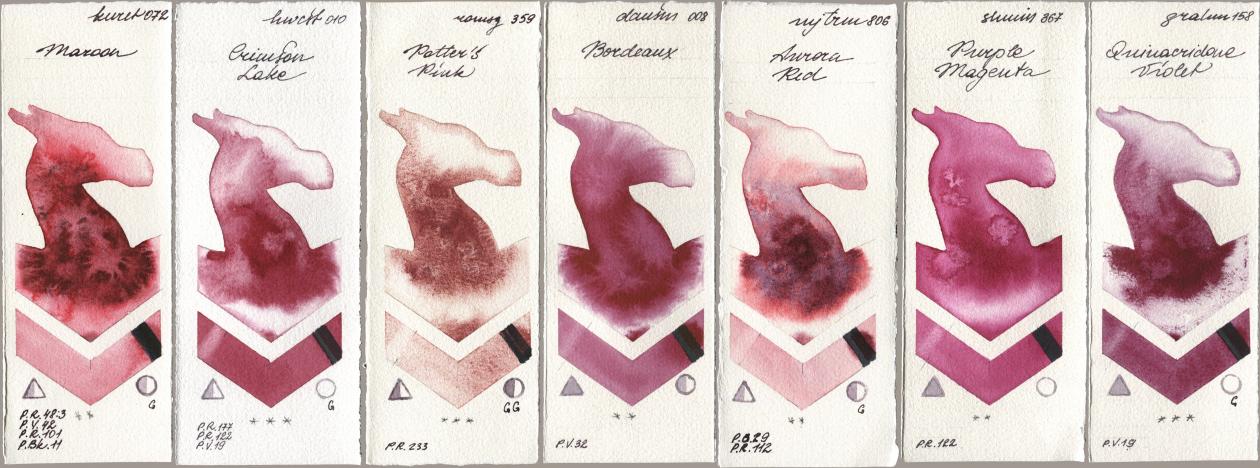 Kuretake Gansai Tambi 072 Maroon, Holbein Artists Watercolor 010 Crimson Lake, Roman Szmal Aquarius 359 Potters Pink, Daniel Smith 008 Bordeaux, Mijello Mission Gold 806 Aurora Red, Shminke Horadam Aquarell 367 Purple Magenta, M. Graham & Co. Artists 158 Quinacridone Viol watercolor swatch