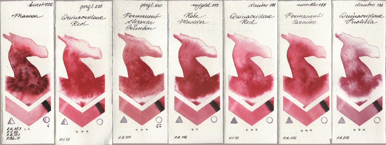 Kuretake Gansai Tambi 072 Maroon, Golden QOR 235 Quinacridone Red, 240 Permanent Alizarin Crimson, Mijello Mission Gold 513 Rose Madder, Daniel Smith 091 Quinacridone Red, Maimeri Blu 167 Permanent Carmine, 132 Quinacridone Fuchs watercolor swatch