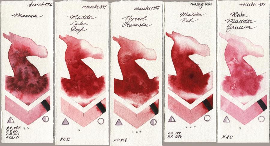 Kuretake Gansai Tambi 072 Maroon vs Royal Talens Rembrandt Watercolour 331 Madder Lake Deep vs Daniel Smith 127 Pyrrol Crimson vs Rosa Gallery 725 Madder Red vs Winsor & Newton Professional 587 Rose Madder Genuine watercolor swatch