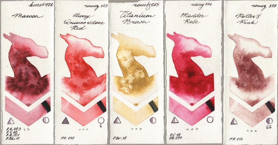 Kuretake Gansai Tambi 072 Maroon vs Roman Szmal Aquarius 329 Cherry Quinacridone Red vs 265 Titanium Brown vs Rosa Gallery 726 Madder Rose vs 359 Potters Pink watercolor swatch